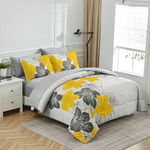 Luxudecor Yellow Twin Comforter Set, 6 Pieces Floral Bed in a Bag