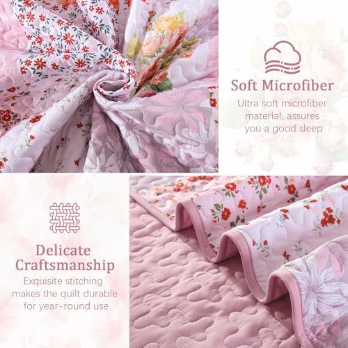 Mybedsoul Pink Quilts Queen Size, Patchwork Floral Reversible Bedding Set