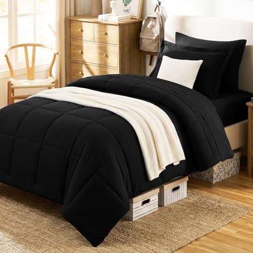 CozyLux Twin Comforter Set, 5-Piece Bed in a Bag, Black