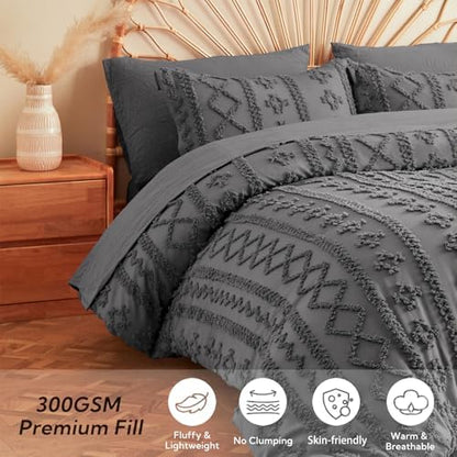 MR&HM 7 Pieces Comforter Set Full, Tufted Boho Farmhouse Bed Set Dark Grey