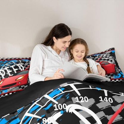 Feelyou Boys Race Car Bedding Set Cool Race Sports Car Set Comforter Set for Kids Boys Sports Theme Duvet Set Checkered Comforter Red 1 Comforter Set with 1 Pillowcase Twin Size