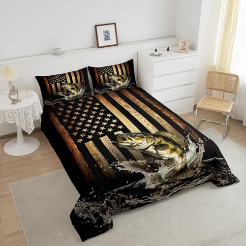 Vintage American Flag Comforter Set Queen Size,Bass Fish Bedding Set for Kids Teens Men Adult Room Decor,Fishing and Hunting Quilt Set Black Brown Rustic Farmhouse Wood Striped Duvet Insert 3Pcs