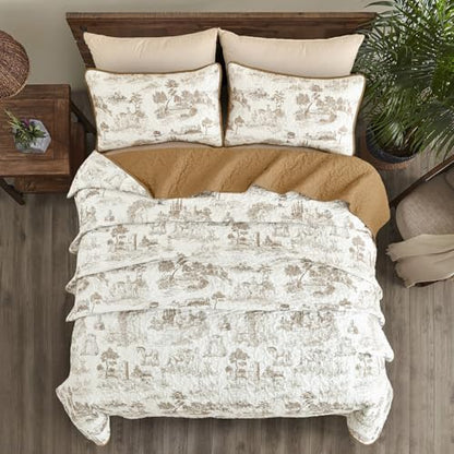 Drucon Khaki Quilt Set Queen Size, Toile Farmhouse Bedspreads, 3 Pieces Rustic Village Landscape Printed Coverlet, Soft Microfiber Quilt Bedding Set for All Season (96x90 Inch)