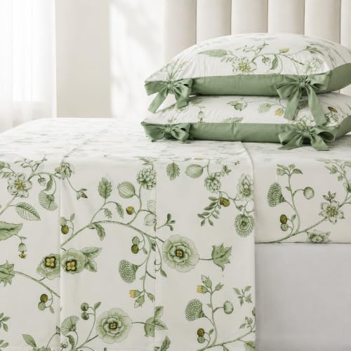 FADFAY Premium Cotton Percale Queen Size Sheets Green Floral Bed Sheet Set
