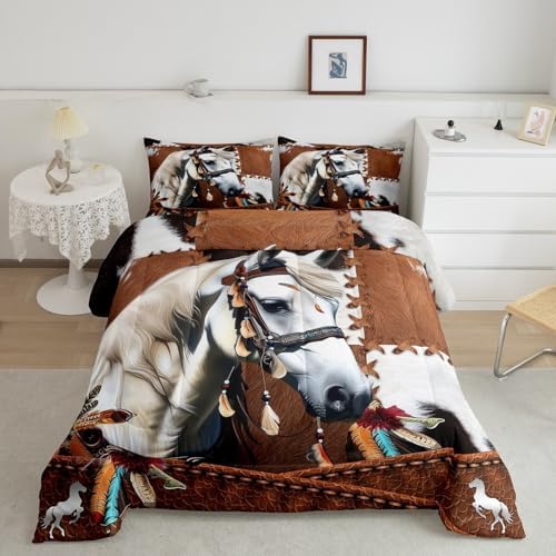 Cow Print Bedding Set - King Size, 3 Pcs - Brown Cowhide, Rustic Feather, Western Horse Galloping Style, Duvet Insert, White Horse Quilt