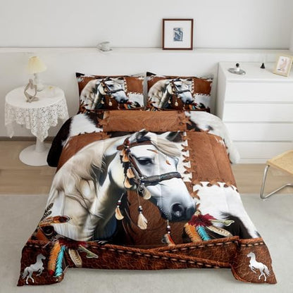 Cow Print Bedding Set - King Size, 3 Pcs - Brown Cowhide, Rustic Feather, Western Horse Galloping Style, Duvet Insert, White Horse Quilt