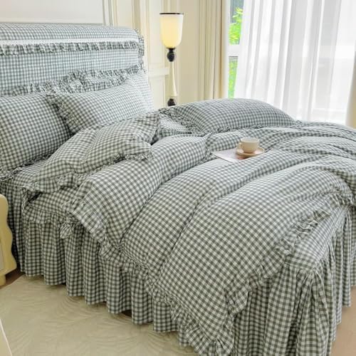 LifeTB Queen Comforter Set Green Gingham Comforter Vintage Ruffle Checkered Pattern Comforter Set Chic Grid Plaid Bedding Comforter Lightweight Fluffy Soft Gingham Bedding Set Queen Breathable