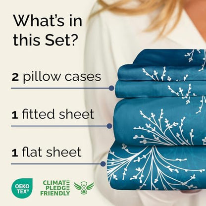 Full 4 Piece Floral Sheet Set - Soft, Breathable & Cooling - Sea Spray
