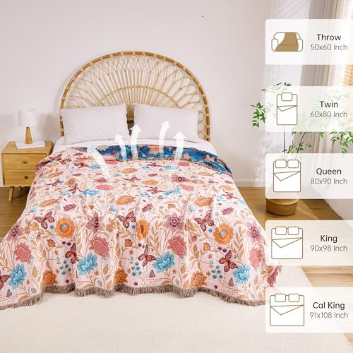 VANJOROY Boho Throw Blanket, 100% Organic Cotton Breathable Ultra Soft 80" x 90" Bed Quilt Throw - All Season Floral Rustic Farmhouse Decor Luxury Reversible Blanket for Sofa Couch Chair and Gift