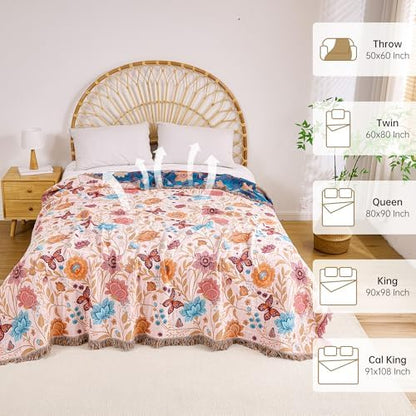 VANJOROY Boho Throw Blanket, 100% Organic Cotton Breathable Ultra Soft 80" x 90" Bed Quilt Throw - All Season Floral Rustic Farmhouse Decor Luxury Reversible Blanket for Sofa Couch Chair and Gift