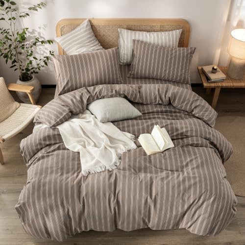 BESTOUCH Striped Cotton Duvet Cover Set Linen Feel King