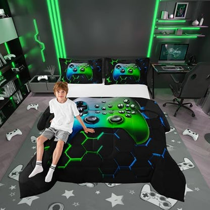 Castle Fairy Games Reversible Comforter Set Queen Size Blue Green Modern Honeycomb Hexagon Bedding Set for Kids Boys Bedroom Decoration Gaming Bed Duvet Insert Geometric Comforter with 2 Pillowcase
