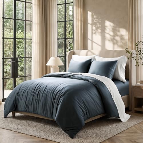 EverGrace 100% Rayon from Bamboo Duvet Cover Set, Queen Size, Midnight Blue