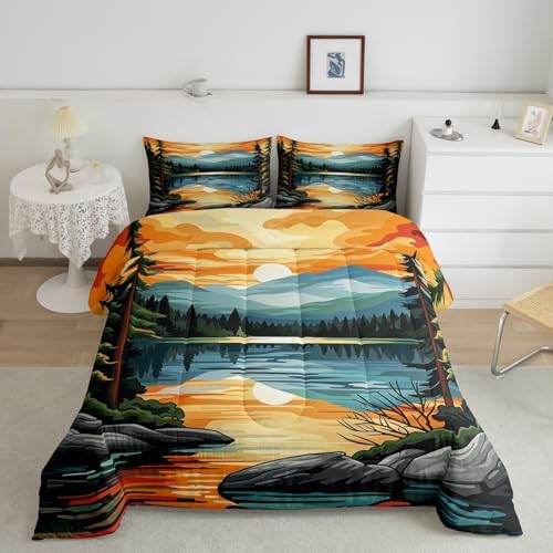 Sunset Comforter Set King Size,Lake House Fishing Camping Bedding Set for Kids Teens Adults Room Decor,Retro Rustic Style Quilt Set,Mountain River Nature Scenery Duvet Insert 3Pcs,2 Pillowcases
