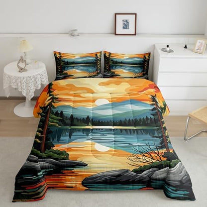 Sunset Comforter Set King Size,Lake House Fishing Camping Bedding Set for Kids Teens Adults Room Decor,Retro Rustic Style Quilt Set,Mountain River Nature Scenery Duvet Insert 3Pcs,2 Pillowcases