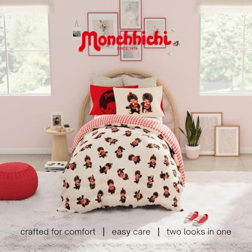 Monchhichi Bedding 5 Piece Twin Bed Set, Soft Cozy Nostalgia Reversible Comforter and Sheet Set with Sham, Officially Licensed Product By Franco