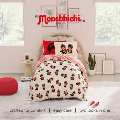 Monchhichi Bedding 5 Piece Twin Bed Set, Soft Cozy Nostalgia Reversible Comforter and Sheet Set with Sham, Officially Licensed Product By Franco