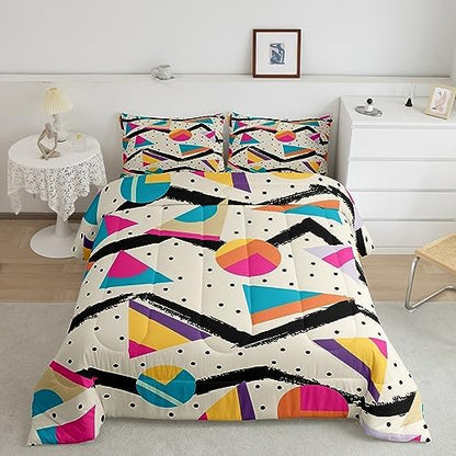 Manfei Memphis Comforter Set Full Size, Retro 80s or 90s Fashion Style Bedding Set 3pcs for Kids Boys Girls, Geometric Triangle Circle Quilt Set Soft Polyester Duvet Set with 2 Pillowcases