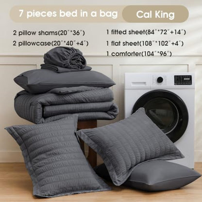 FreshCulture Comforter Set Seersucker 7 Pieces, All Season Bedding Set California King, Bed in a Bag Set with 1 Comforter, 1 Flat Sheet, 1 Fitted Sheet, 2 Pillowcases and 2 Pillow Shams, Dark Grey