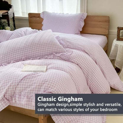 NSNLGSGC Purple Gingham Ruffle King Duvet Cover