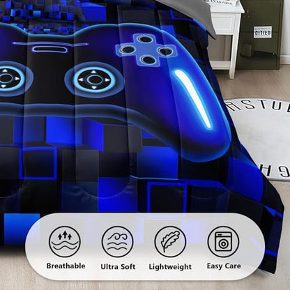 6 Pieces Boys Queen Size Gaming Comforter Set, Blue 3D Cool Video Game Controller Bed in a Bag with Sheets, Soft Lightweight Microfiber Gamer Bedding for Kids Teens, All Season Room Decor Queen52