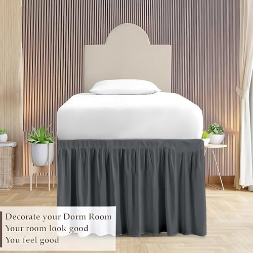 Dorm Bed Skirt Twin XL 30 Inch Drop, Easy to Install Extra Long Wrap Around Elastic Dust Ruffle, Bedskirt Solid Silky Fabric Machine Washable, Ruffled College Dorm Room Dark Grey