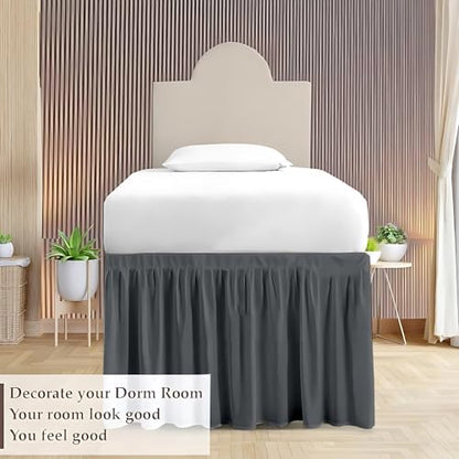 Dorm Bed Skirt Twin XL 30 Inch Drop, Easy to Install Extra Long Wrap Around Elastic Dust Ruffle, Bedskirt Solid Silky Fabric Machine Washable, Ruffled College Dorm Room Dark Grey