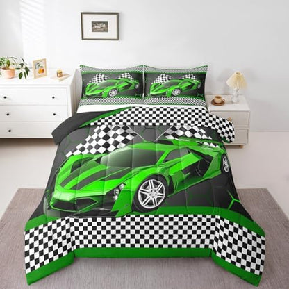 Feelyou Race Car Comforter Set for Kids Boys Black White Checkered Flag Print Comforter Extreme Sports Bedding Set Queen Size Bedroom Decor Honeycomb Speed Sports Car Green Duvet Set 3pcs