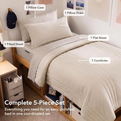 Twin XL Comforter Set-5 Pieces Beige Soft Bed in a Bag Twin Bedding Sets