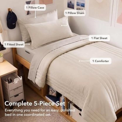 Twin XL Comforter Set-5 Pieces Beige Soft Bed in a Bag Twin Bedding Sets