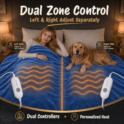 Eydna Electric Heated Blanket Queen Size 84"×90" Dual Control, 5 Heating Settings & 10Hs Auto Off, Overheat Protect, Energy Efficient, for Sofa & Bed, Machine Washable Gifts for Family, Denim Blue
