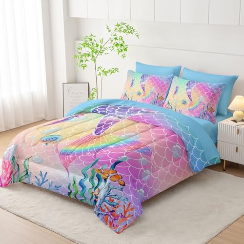 7Pcs Mermaid Tail Comforter Set Pink Scales Printed Bedding Set with 1 Comforter, 1 Flat Sheet, 1 Fitted Sheet and 4 Pillowcases for Boys and Girls Bedroom All Season(Full)