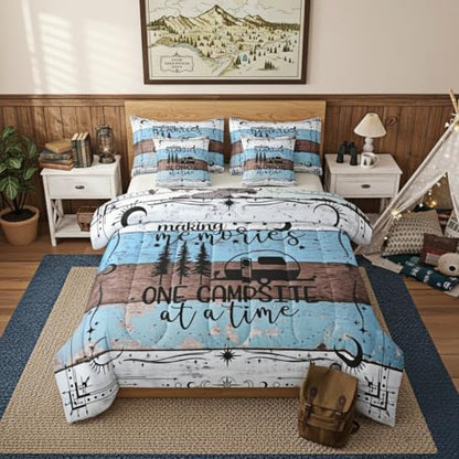 Erosebridal 7 Pcs Happy Camping Bedding Set for Boys Teens, Twin Size Rv Camper Comforter Set Rustic Farmhouse Sheets and Pillowcase, Vintage Old Barn Door Bed in A Bag, Country Starry Sky Bed Set