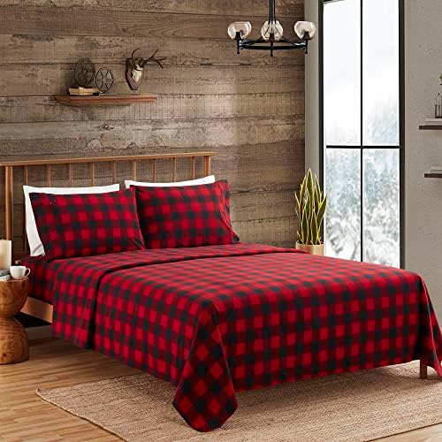 Flannel Sheets Warm and Cozy Deep Pocket Breathable All Season Bedding Set with Fitted, Flat and Pillowcases, Queen, Buffalo Check Plaid Burgundy