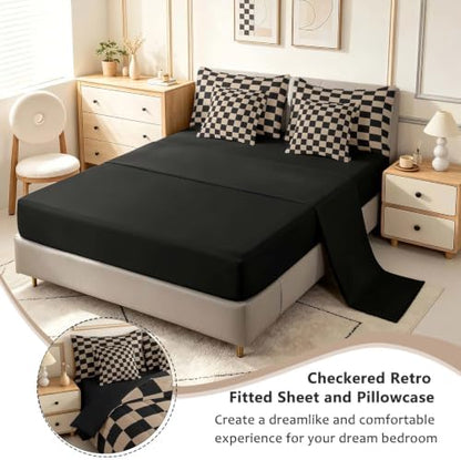 Feelyou Checkered Retro Comforter Set with Sheets 7 Piece Full Size Brown Plaid Bed in a Bag Kids Boys Girls Geometric Vintage Bedding Set Modern Simple Groovy Aesthetic Bedroom Decor Breathable Soft