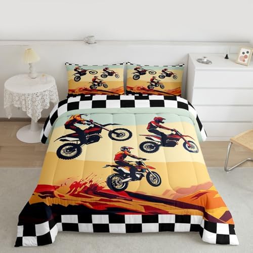 Feelyou Multi-Rider Motocross Comforter Set Full Desert Racing Dirt Bike Bedding Set Checkered Flag Duvet Quilt for Boys Girls Room Off-Road Racing Design Decor Outdoor Sports Soft Breathable