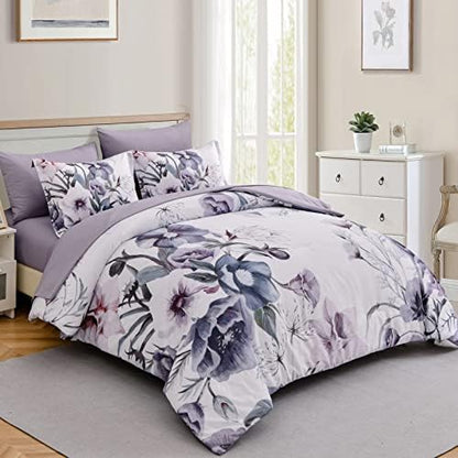 Luxudecor Floral Comforter Set Queen Size 7 Piece, Purple Flower Bed in a Bag, Elegant Floral Comforter with Sheet Set, Soft Microfiber Bedding Set for All Season (Purple, 90"x90")