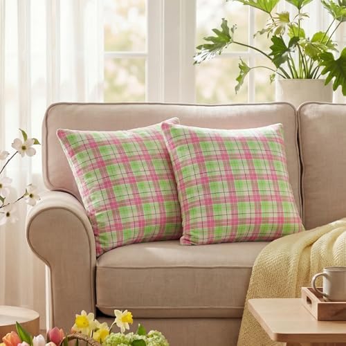 AVOIN colorlife Spring Summer Green Pink Plaid Decorative Throw Pillow Covers, 18 x 18 Inch Holiday Scottish Tartan Cushion Case Farmhouse Decoration for Sofa Couch Set of 2