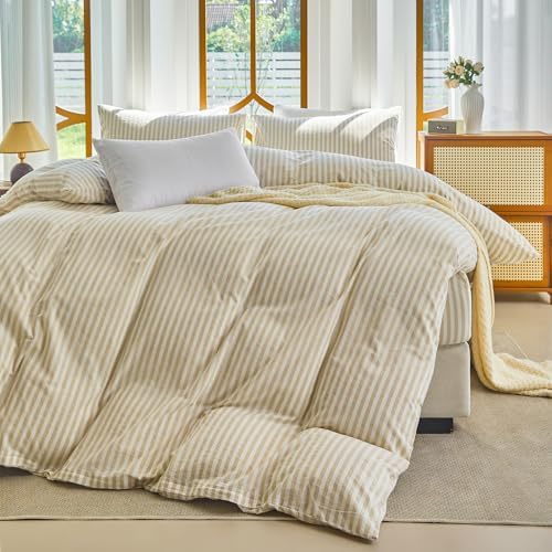 Striped Duvet Cover Set King Size 100% Washed Cotton Linen Feel 3 Piece Bedding Set Comfy Breathable (King, Classic Stripe-Beige/White)