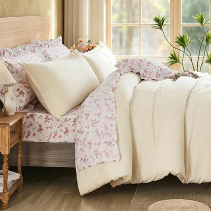WONGS BEDDING 8PC King Comforter Set, Ruffle Comforter with Floral Sheets