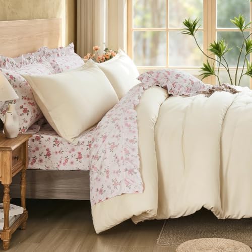 WONGS BEDDING 8PC Queen Comforter Set, Ruffle Comforter with Floral Sheets
