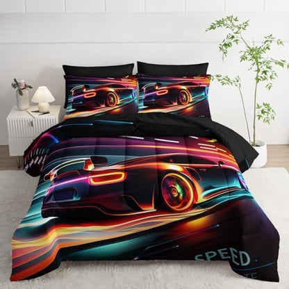 AILONEN Kids 3D Racing Car Comforter Sets Full Size,Extreme Sports Theme Bedding Set Bed in a Bag for Boys Teens,Modern Race Car Comforter & Fitted Sheet + Flat Sheet & 2 Pillowcases,2 Pillow Shams
