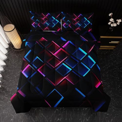 Nttopship Blue Black Geometric Comforter Set Queen Size 3D Stereoscopic Square Bedding Set Honeycomb Bedding Set 3 Piece Modern Style Geometry Decor,Microfiber LightweightWith 2 Pillowcases