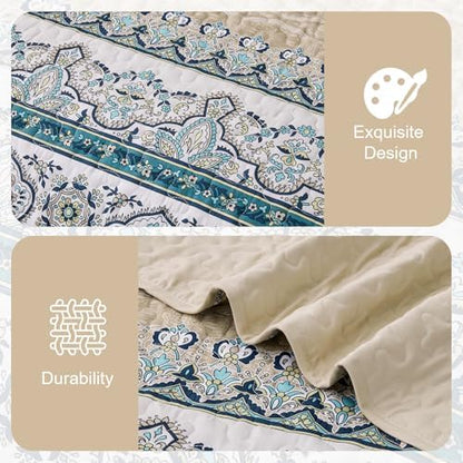 WONGS BEDDING Boho Quilt King Size,3 Pcs Bedspread Bedding Set, Blue Brown