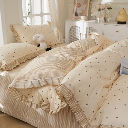 mixinni Floral Duvet Cover Set King Size – 100% Cotton 3-Piece Bedding Set with Ruffled Trim, Reversible Vintage Beige Gingham & Strawberry Print, Soft Aesthetic Duvet Cover with Zipper Closure