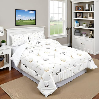 Golf Comforter Set Full Size for Kids Teens Adults Men Home Room Decor,Ball Sports Game Lovers Bedding Set 3pcs,Gray Brown Sketch Golf Quilt Set Seasons Soft Bedspread with 2 Pillowcases