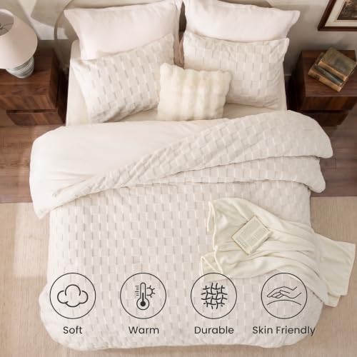 Love's cabin Fleece Queen Comforter Set, Fluffy Reversible Bedding, Cream