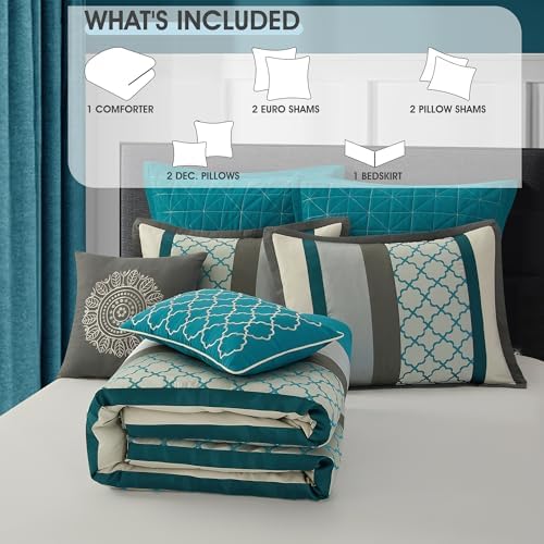 LANCO MODERN LIFESTYLE Queen Comforter Set, Gray Bedding Set, Jacquard Woven with Embroidery, 8 Pieces Bed in a Bag, Bed Skirt, Shams and Decorative Pillows