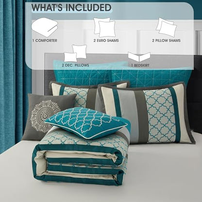 LANCO MODERN LIFESTYLE Queen Comforter Set, Gray Bedding Set, Jacquard Woven with Embroidery, 8 Pieces Bed in a Bag, Bed Skirt, Shams and Decorative Pillows