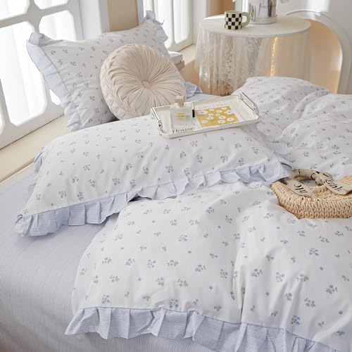 LifeTB Blue Floral Comforter Set Twin XL Botanical Ruffle Bedding Comforter Fluffy Soft Aesthetic Coquette Bedding Set Girls Cottagecore Blue Flowers Comforter Set with 2 Pillowcases for All Seasons